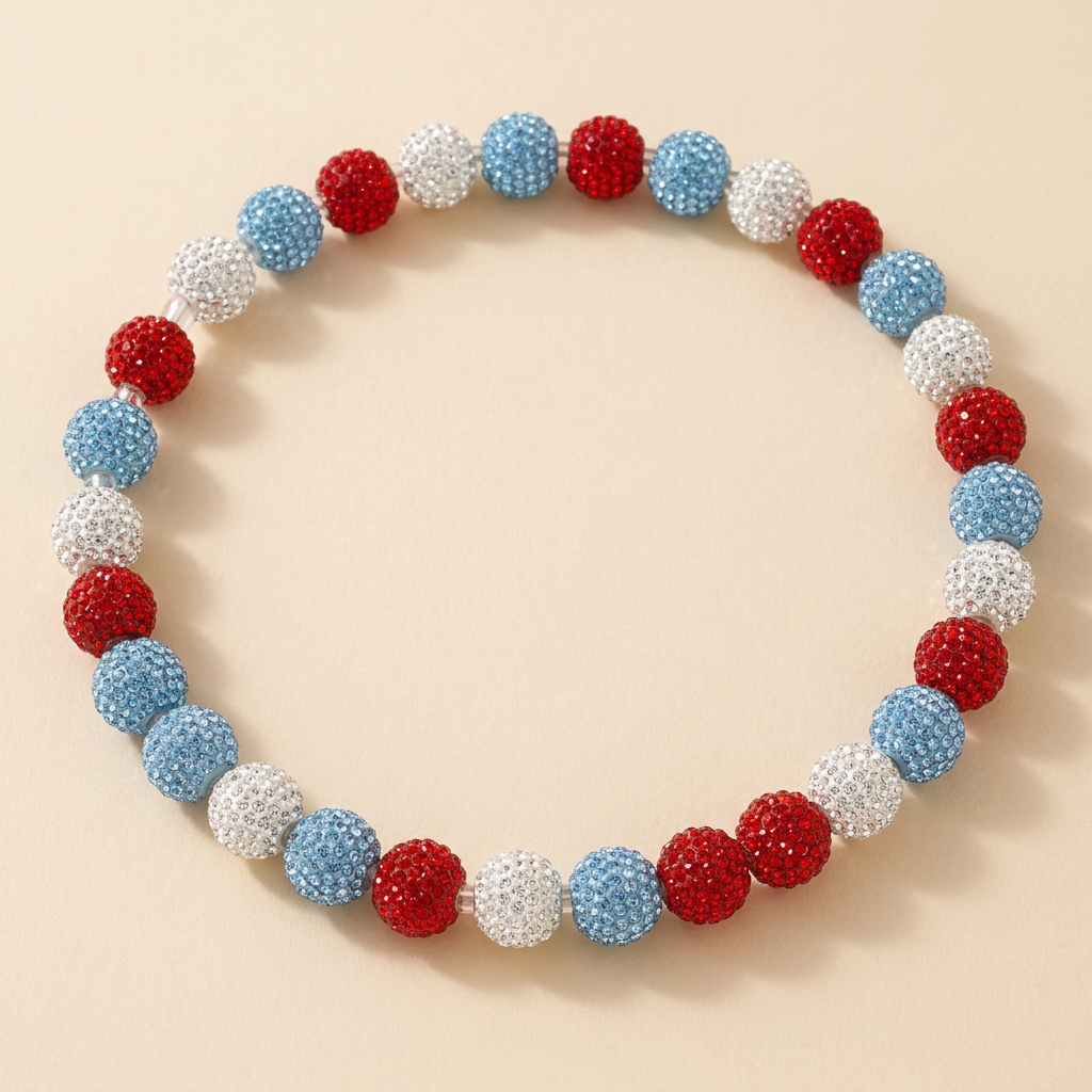 Windy City handmade 10mm rhinestone bead necklace in light blue / red / white